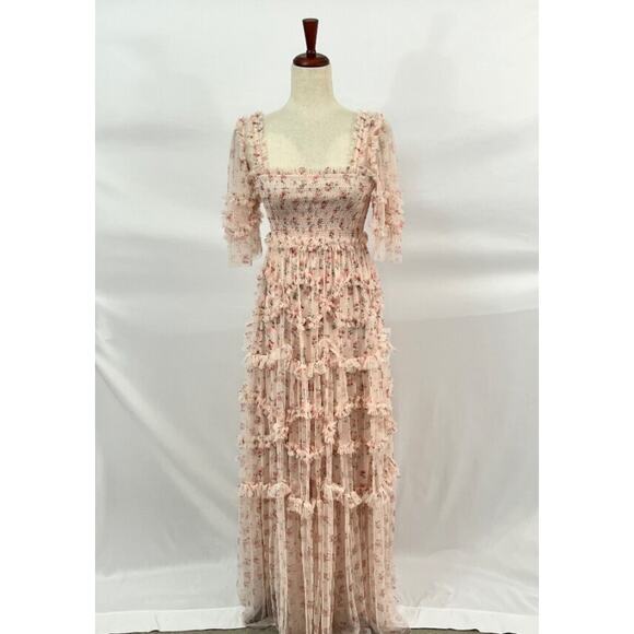 NEEDLE & THREAD Sz 2 Bijou Rose Smocked Maxi Dress Gown - Picture 10 of 13